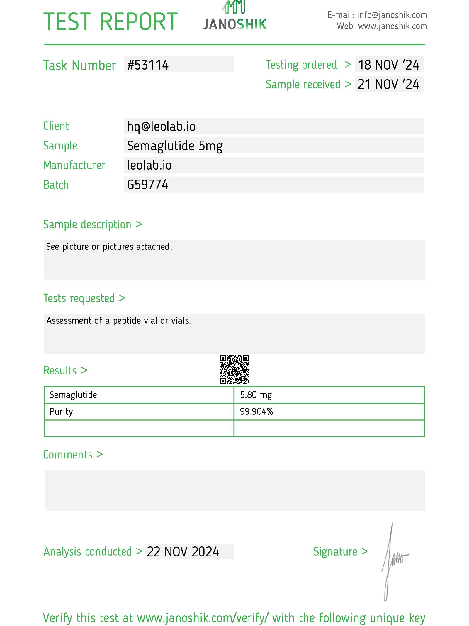 Semaglutide test by Janoshik | Leolab Peptides