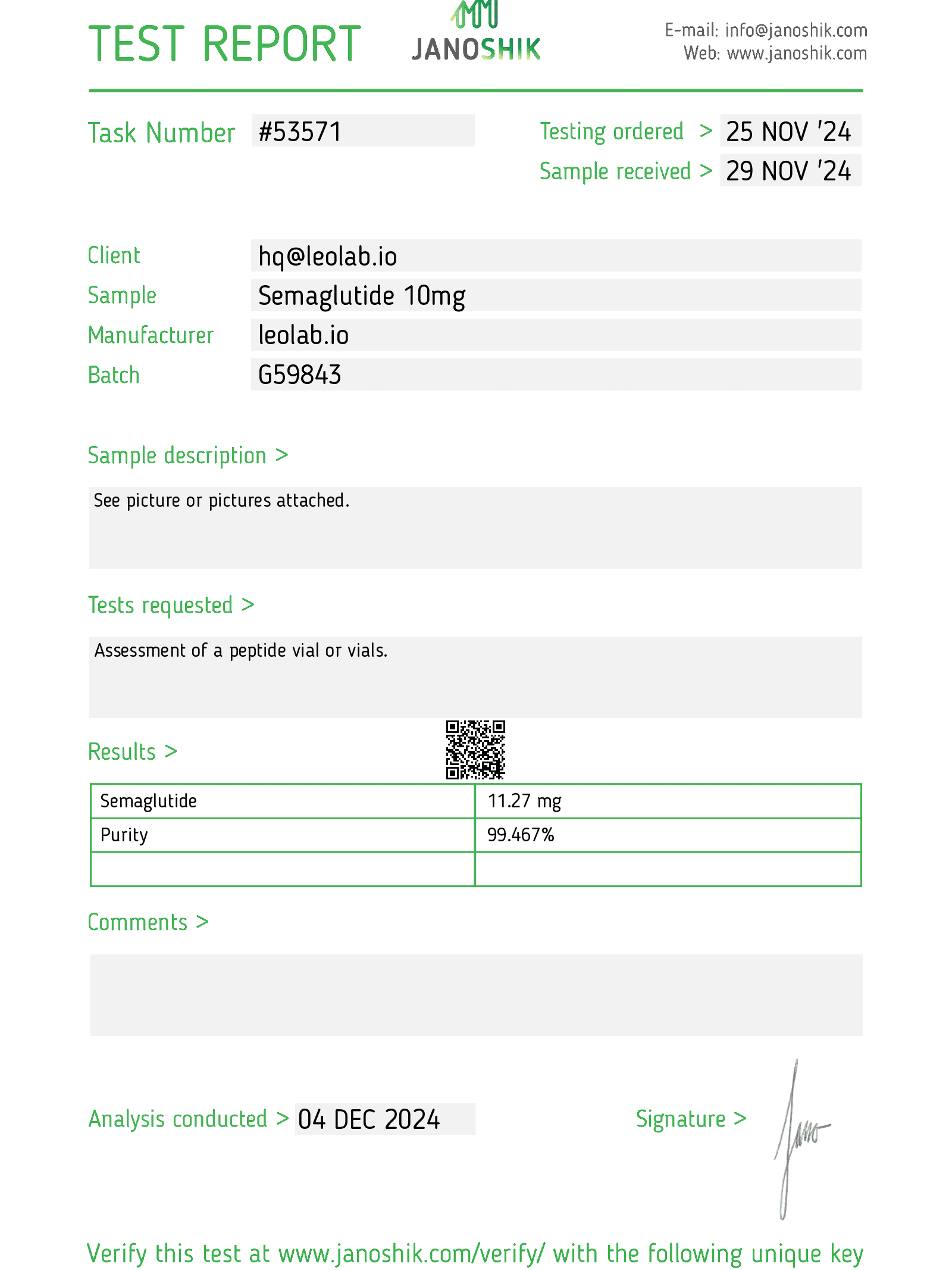 Semaglutide 10mg test by Janoshik | Leolab Peptides